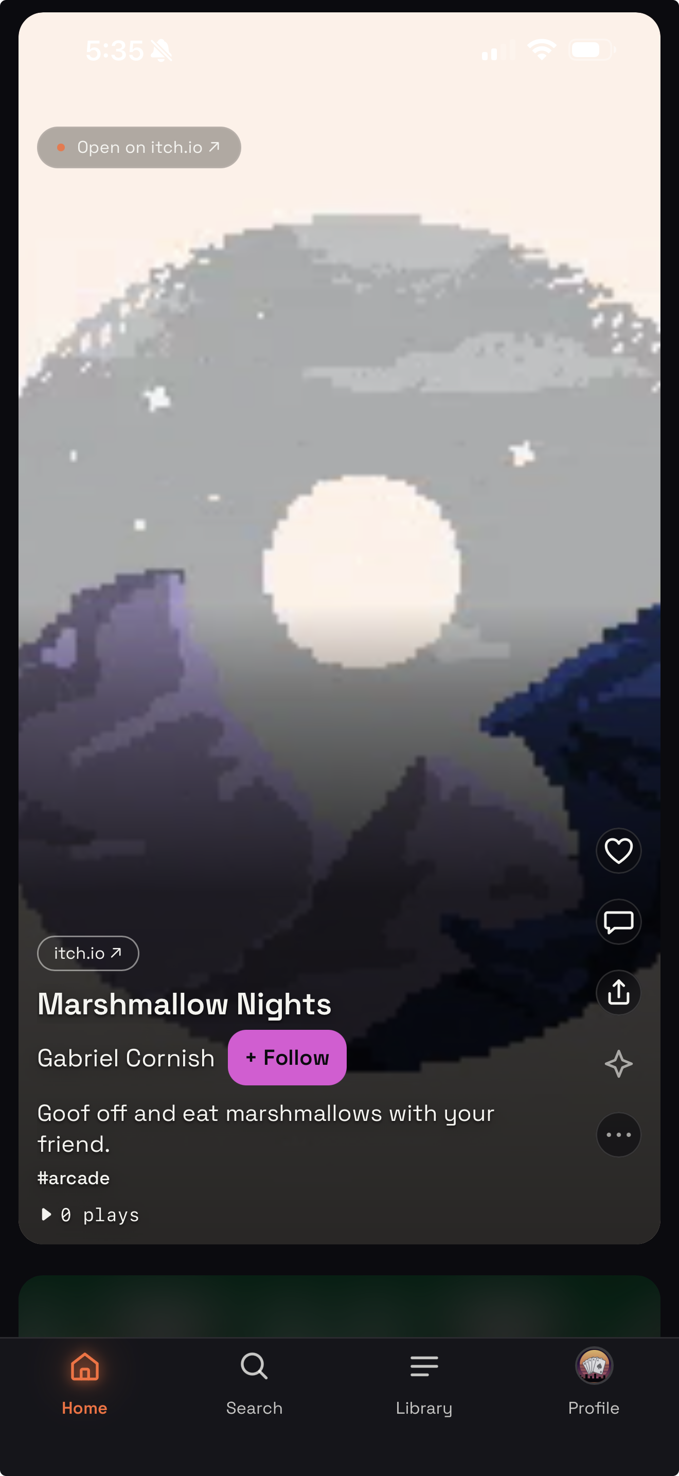 The ShortPlay feed on a phone: the game Marshmallow Nights in the preview under a pixel-art moonrise, with hearts, comments, and a follow button.