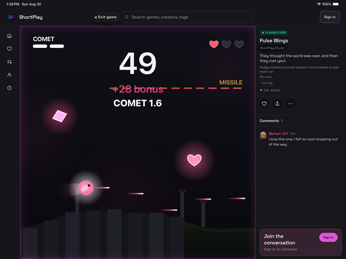 ShortPlay on an iPad in landscape: the hosted game Pulse Wings playing full-width, with the game's description, tags, play count and comments in the side rail.